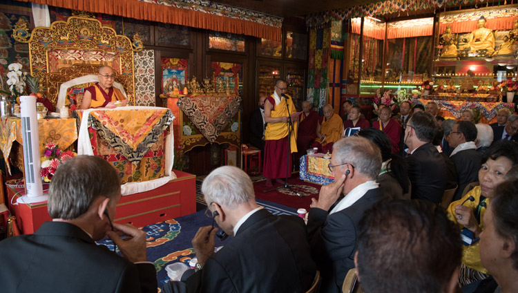 The Abbot of Rikon Monastery Ven Thupten Legmon delivering the welcome during during the ceremony commemorating Tibet Institute Rikon's 50th anniversary in Rikon, Switzerland on September 21, 2018. Photo by Manuel Bauer