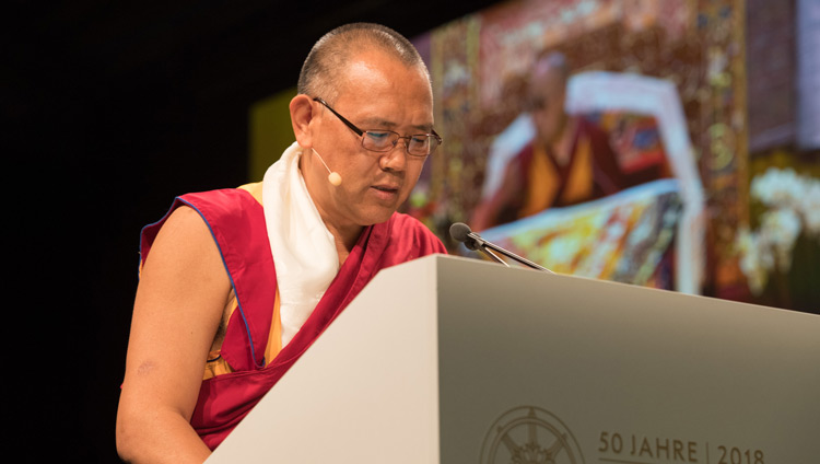 Rikon Abbot, Khenpo Thupten Legmon, delivering his opening address at Tibet Institute Rikon's 50th Anniversary Celebration in Winterthur, Switzerland on September 22, 2018. Photo by Manuel Bauer