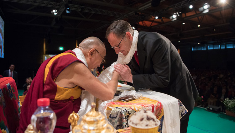 His Holiness the Dalai Lama thanking Mario Fehr, Member of the Council of the Canton of Zurich and a long time friend of Tibet for his speech at Tibet Institute Rikon's 50th Anniversary Celebration in Winterthur, Switzerland on September 22, 2018. Photo by Manuel Bauer