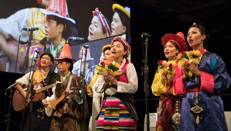 Artists wearing traditional dress from the three provinces of Tibet performing at Tibet Institute Rikon's 50th Anniversary Celebration in Winterthur, Switzerland on September 22, 2018. Photo by Manuel Bauer