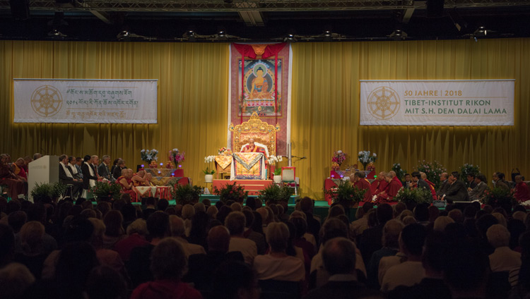 A view of the Eulachhalle arena as His Holiness the Dalai Lama addresses the audience during Tibet Institute Rikon's 50th Anniversary Celebration in Winterthur, Switzerland on September 22, 2018. Photo by Manuel Bauer