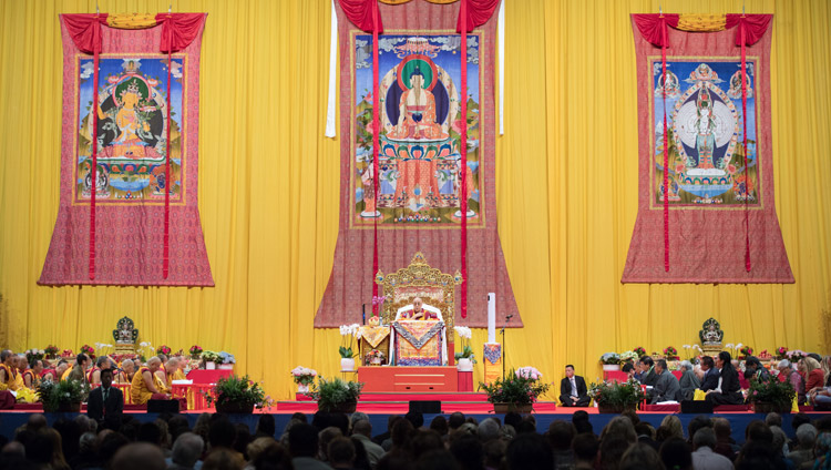 A view of the stage at the Zurich Hallenstadion during His Holiness the Dalai Lama's teaching in Zurich, Switzerland on September 23, 2018. Photo by Manuel Bauer