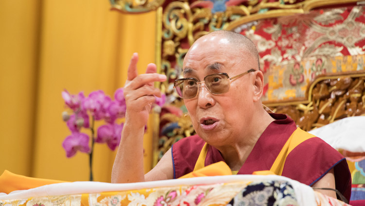 His Holiness the Dalai Lama giving an introduction to Buddhism at his teaching at the Zurich Hallenstadion in Zurich, Switzerland on September 23, 2018. Photo by Manuel Bauer