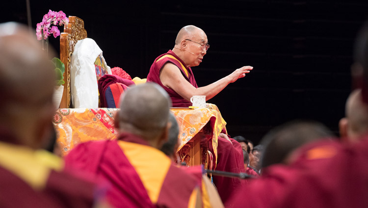 His Holiness the Dalai Lama addressing more than 6,000 Tibetans and Tibet supporters during their meeting at the Zurich Hallenstadion in Zurich, Switzerland on September 23, 2018. Photo by Manuel Bauer