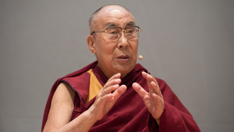 His Holiness the Dalai Lama speaking at the symposium on "Human Values and Education" at the Zurich University of Applied Sciences in Winterthur, Switzerland on September 24, 2018. Photo by Manuel Bauer