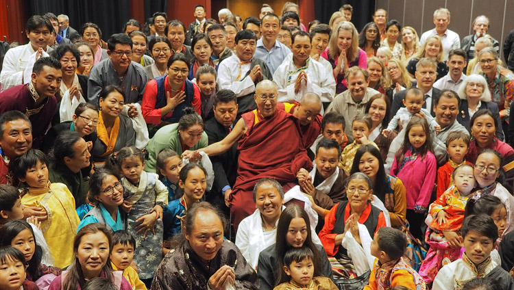 His Holiness the Dalai Lama posing for a group photos with members of the Tibetan community and Tibet support groups after their meeting in Malmö, Sweden on September 13, 2018. Photo by Jeremy Russell