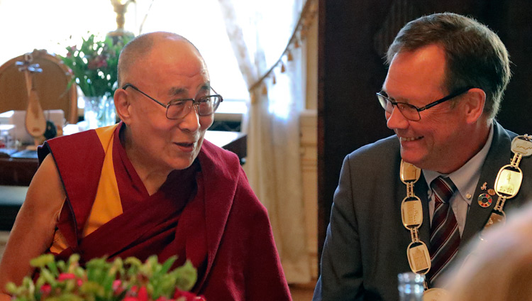 Lord Mayor of Malmö with His Holiness the Dalai Lama during a luncheon at Malmö City Hall in Malmö, Sweden on September 13, 2018. Photo by Jeremy Russell