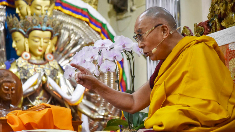 His Holiness the Dalai Lama speaking during the first day of his four day teaching at the Main Tibetan Temple in Dharamsala, HP, India on October 3, 2018. Photo by Tenzin Phende/DIIR