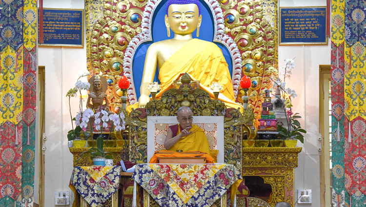 His Holiness the Dalai Lama speaking during the first day of his four day teaching at the Main Tibetan Temple in Dharamsala, HP, India on October 3, 2018. Photo by Tenzin Phende/DIIR