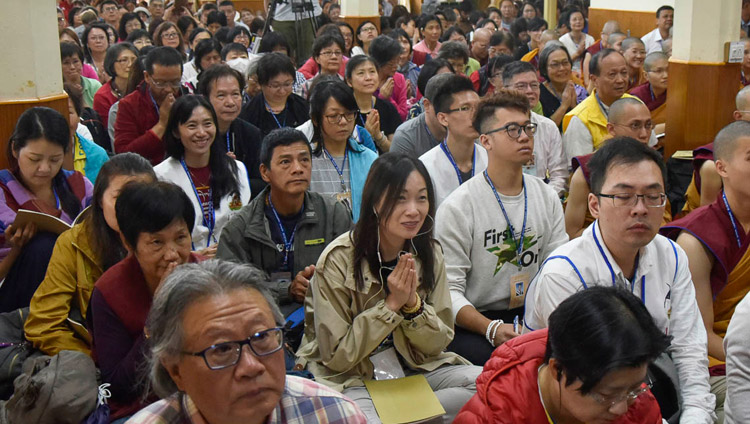 Members of the audience listening to His Holiness the Dalai Lama during the first day of his four day teaching at the Main Tibetan Temple in Dharamsala, HP, India on October 3, 2018. Photo by Tenzin Phende/DIIR