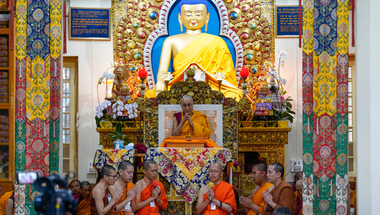 Thai monks reciting the Mangala Sutta in Pali at the start of the second day of His Holiness the Dalai Lama's teachings at the Main Tibetan Temple in Dharamsala, HP, India on October 4, 2018. Photo by Ven Tenzin Jamphel