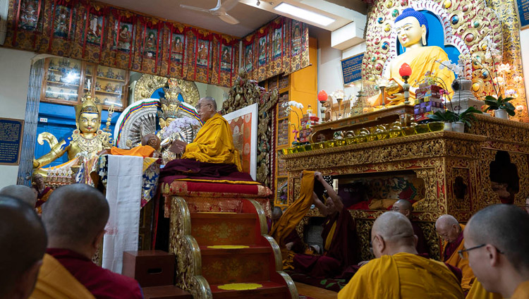 His Holiness the Dalai Lama speaking on the second day of teachings at the Main Tibetan Temple in Dharamsala, HP, India on October 4, 2018. Photo by Ven Tenzin Jamphel