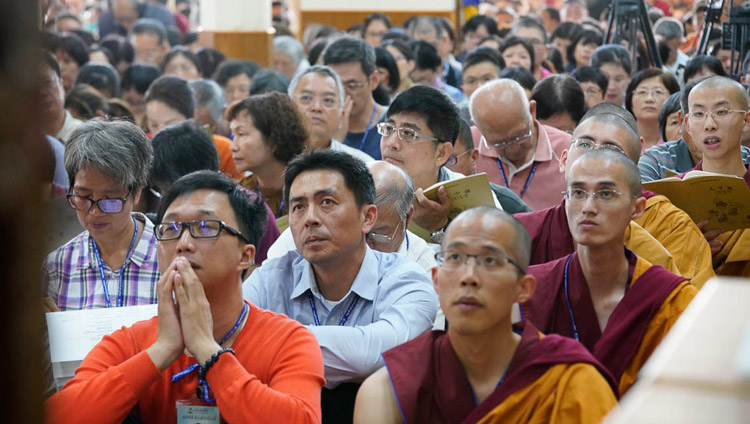 Members of the group from Taiwan sitting inside the Main Tibetan Temple listening to His Holiness the Dalai Lama on the second day of teachings in Dharamsala, HP, India on October 4, 2018. Photo by Ven Tenzin Jamphel
