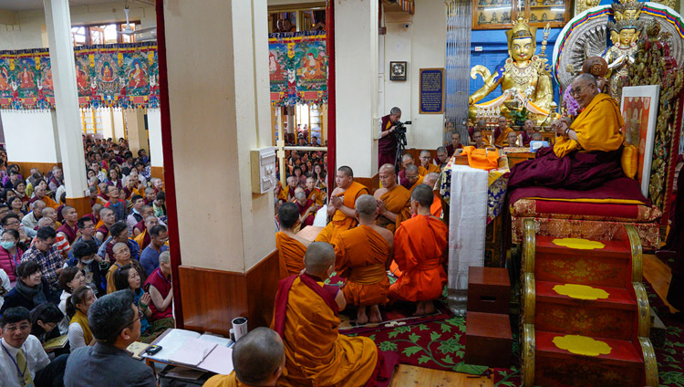 Thai monks reciting the Mangala Sutta in Pali at the start of the third day of His Holiness the Dalai Lama's teachings at the Main Tibetan Temple in Dharamsala, HP, India on October 5, 2018. Photo by Ven Tenzin Jamphel