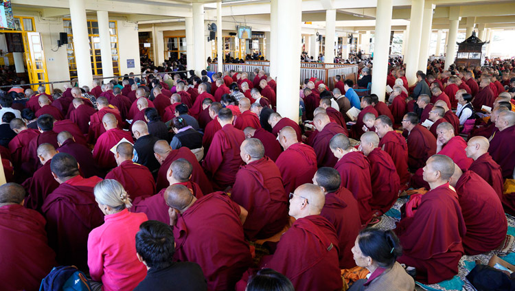 Some of the more than 6,000 people attending the third day of teachngs listening to His Holiness the Dalai Lama speaking at the Maiin Tibetan Temple in Dharamsala, HP, India on October 5, 2018. Photo by Ven Tenzin Jamphel