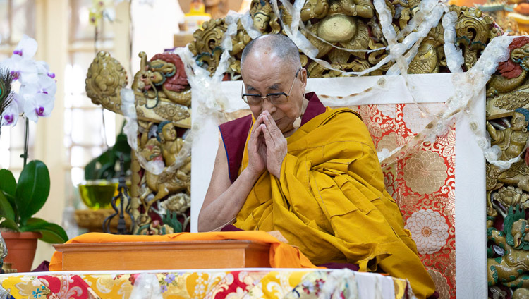 His Holiness the Dalai Lama performing preparatory procedures for the permission of Avalokiteshvara Who Liberates from the Lower Realms on the final day of teachings at the Main Tibetan Temple in Dharamsala, HP, India on October 6, 2018. Photo by Ven Tenzin Jamphel