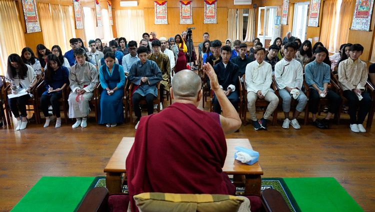 His Holiness the Dalai Lama addressing students from Woodstock School at the meeting room next to his office in Dharamsala, HP, India on October 11, 2018. Photo by Ven Tenzin Jamphel