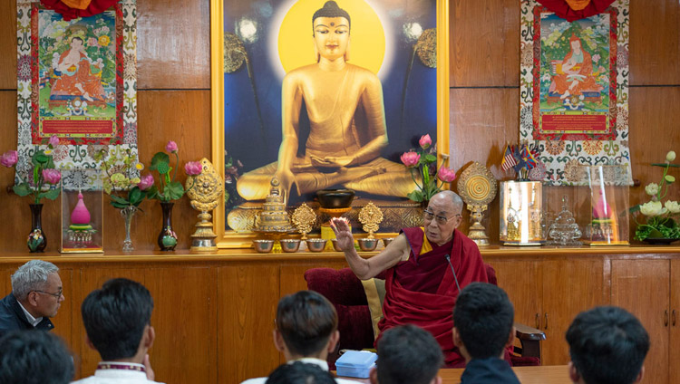 His Holiness the Dalai Lama answering a question from the audience during his conversation with students from Woodstock School at his residence in Dharamsala, HP, India on October 11, 2018. Photo by Ven Tenzin Jamphel His Holiness the Dalai Lama answering a question from the audience during his conversation with students from Woodstock School at his residence in Dharamsala, HP, India on October 11, 2018. Photo by Ven Tenzin Jamphel