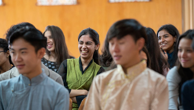Members of the audience reacting with laughter to comments made by His Holiness the Dalai Lama during his conversation with students from Woodstock School at his residence in Dharamsala, HP, India on October 11, 2018. Photo by Ven Tenzin Jamphel Members of the audience reacting with laughter to comments made by His Holiness the Dalai Lama during his conversation with students from Woodstock School at his residence in Dharamsala, HP, India on October 11, 2018. Photo by Ven Tenzin Jamphel