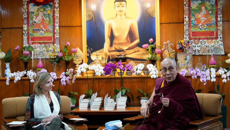 USIP President Nancy Lindborg looks on as His Holiness the Dalai Lama delivers his opening remarks during the discussion with youth leaders from conflict areas at his residence in Dharamsala, HP, India on October 25, 2018. Photo by Ven Tenzin Jamphel