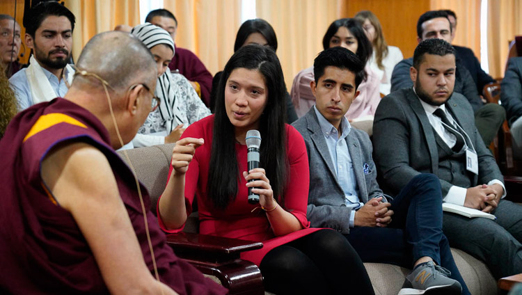 A youth leader asking His Holiness the Dalai Lama a question during their discussion at his residence in Dharamsala, HP, India on October 25, 2018. Photo by Ven Tenzin Jamphel