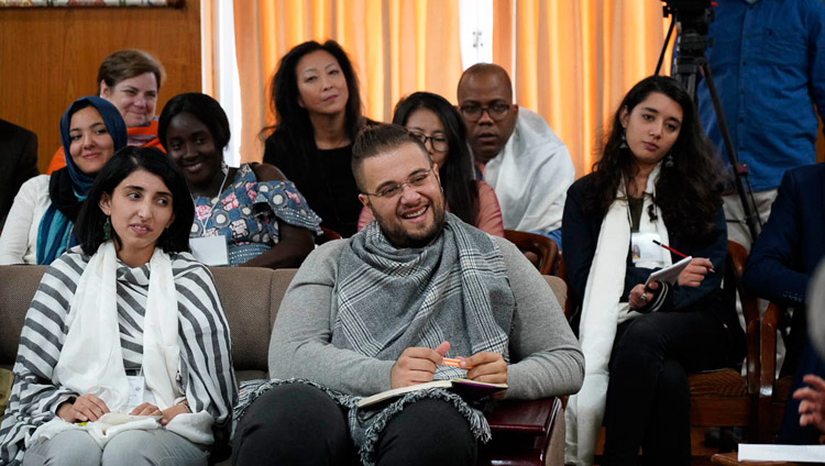 Participants reacting to His Holiness the Dalai Lama's comments during the discussion with youth leaders from conflict areas at his residence in Dharamsala, HP, India on October 25, 2018. Photo by Ven Tenzin Jamphel