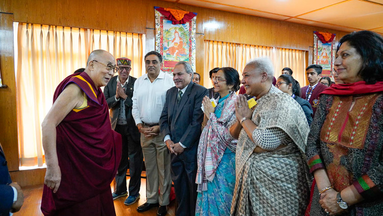 His Holiness the Dalai Lama greeting Indian high school students and their teachers as he arrives for their meeting at his residence in Dharamsala, HP, India on October 30, 2018. Photo by Ven Tenzin Jamphel