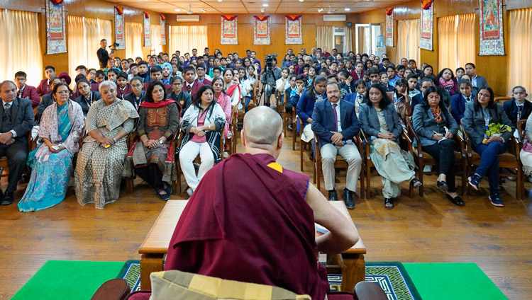 His Holiness the Dalai Lama addressing 140 students and their teachers from Indian high schools at his residence in Dharamsala, HP, India on October 30, 2018. Photo by Ven Tenzin Jamphel