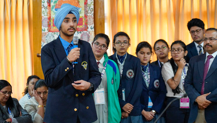 A student asking His Holiness the Dalai Lama a question during his meeting with Indian high school students and their teachers at his residence in Dharamsala, HP, India on October 30, 2018. Photo by Ven Tenzin Jamphel