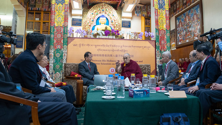 His Holiness the Dalai Lama opening the dialogue with Chinese scientists about quantum effects at the Main Tibetan Temple in Dharamsala, HP, India on November 1, 2018. Photo by Ven Tenzin Jamphel