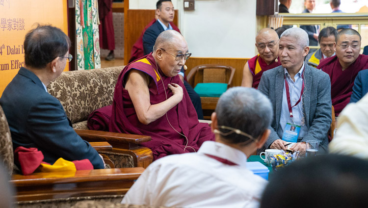 His Holiness the Dalai Lama delivering his opening remarks at the start of the first day of the dialogue with Chinese scientists about quantum effects at the Main Tibetan Temple in Dharamsala, HP, India on November 1, 2018. Photo by Ven Tenzin Jamphel