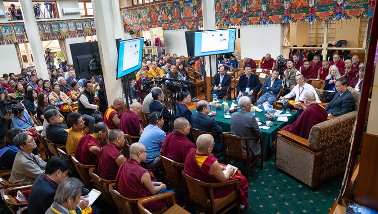 A view of inside the Main Tibetan Temple as His Holiness the Dalai Lama delivers his opening remarks on the first day of the dialogue with Chinese scientists about quantum effects in Dharamsala, HP, India on November 1, 2018. Photo by Ven Tenzin Jamphel