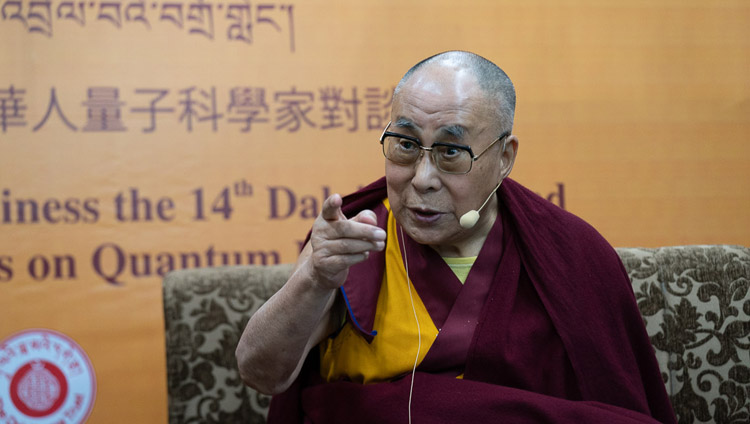 His Holiness the Dalai Lama speaking during the second day of the dialogue with Chinese scientists on quantum effects at the Main Tibetan Temple in Dharamsala, HP, India on November 2, 2018. Photo by Ven Tenzin Jamphel