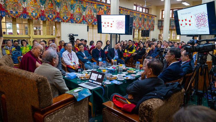 Prof Chung-Yuan Mou talking about water during his presentation on the second day of the Dialogue between His Holiness the Dalai Lama and Chinese Scientists on Quantum Effects at the Main Tibetan Temple in Dharamsala, HP, India on November 2, 2018. Photo by Ven Tenzin Jamphel