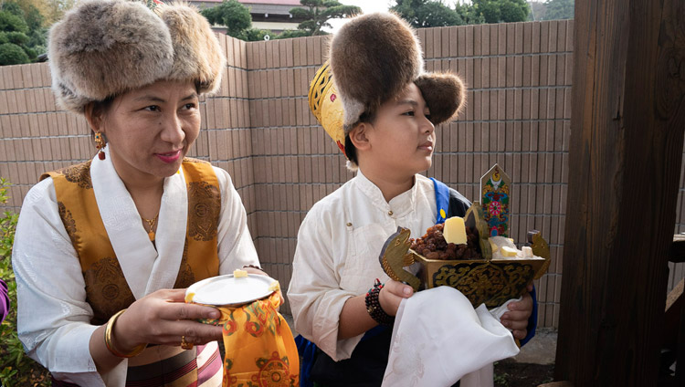 Members of Sherab Kyetsel Ling Institute waiting for Holiness the Dalai Lama to arrive to offer the traditional Tibetan welcome of ‘chema changpu’ in Chiba, Japan on November 18, 2018. Photo by Tenzin Choejor