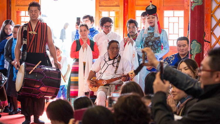 Tibetan and Mongolian musicians performing at the close of the Sherab Kyetsel Ling Institute inauguration ceremonies in Chiba, Japan on November 18, 2018. Photo by Tenzin Jigme