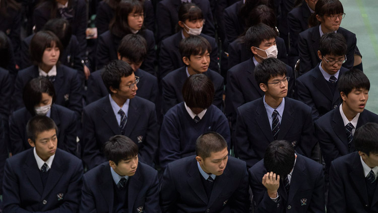 Some of the more than 1700 students, faculty and parents listening to His Holiness the Dalai Lama speaking at Reitaku University in Chiba, Japan on November 19, 2018. Photo by Tenzin Choejor