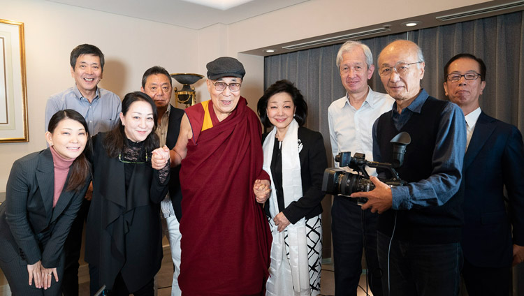 His Holiness the Dalai Lama poses for a photo with the members of the production team after his interview with Ms Yoshiko Sakurai, president of the Japan Institute of National Fundamentals, in Yokohama, Japan on November 13, 2018. Photo by Tenzin Choejor