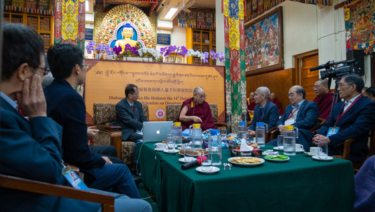 His Holiness the Dalai Lama answering questions from fellow panelists on the third day of the dialogue with Chinese Scientists about quantum effects at the Main Tibetan Temple in Dharamsala, HP, India on November 3, 2018. Photo by Ven Tenzin Jamphel