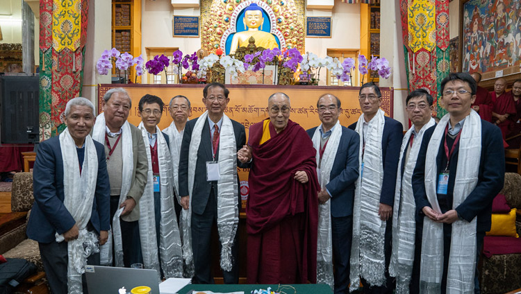 His Holiness the Dalai Lama and fellow participants posing for a group photo at the conclusion of the dialogue with Chinese scientists about quantum effects at the Main Tibetan Temple in Dharamsala, HP, India on November 3, 2018. Photo by Ven Tenzin Jamphel