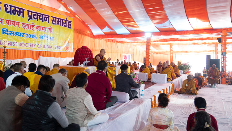 His Holiness the Dalai Lama speaking at the Youth Buddhist Society of India ground on the first day of his teaching in Sankisa, UP, India on December 3, 2018. Photo by Lobsang Tsering