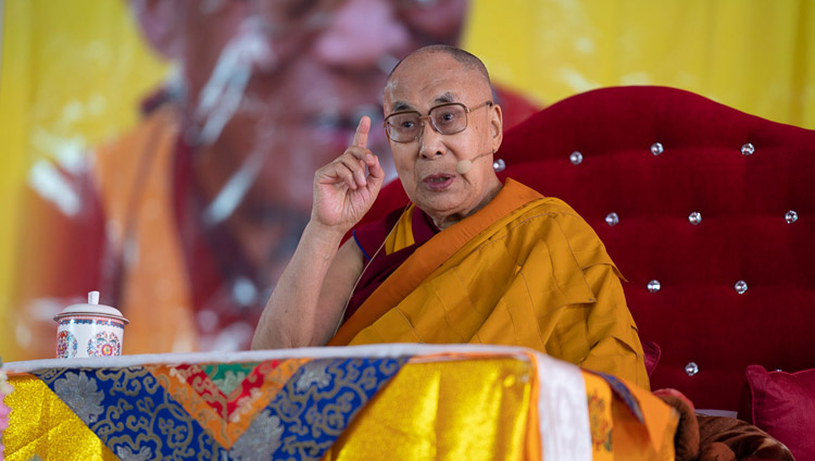 His Holiness the Dalai Lama speaking on the first day of his teaching in Sankisa, UP, India on December 3, 2018. Photo by Lobsang Tsering