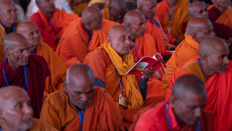 Members of the Indian Buddhist monastic community listening to His Holiness the Dalai Lama on the first day of his teaching in Sankisa, UP, India on December 3, 2018. Photo by Lobsang Tsering