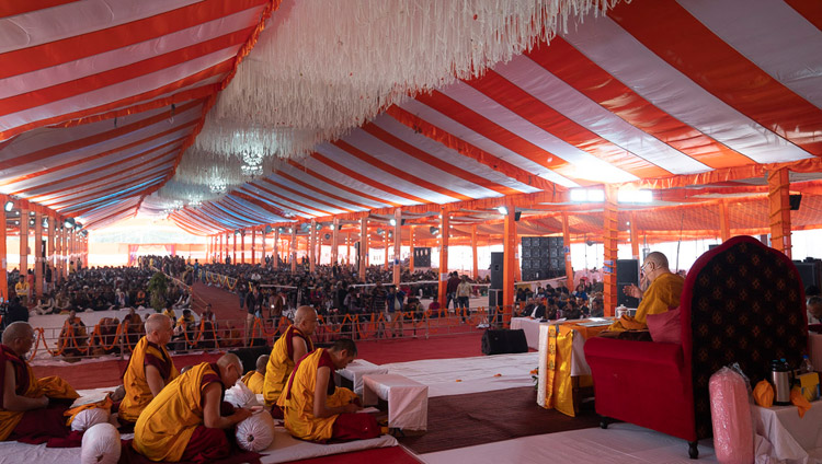 A view of the tent with over 15,000 people attending His Holiness the Dalai Lama's teaching at the Youth Buddhist Society of India ground in Sankisa, UP, India on December 3, 2018. Photo by Lobsang Tsering