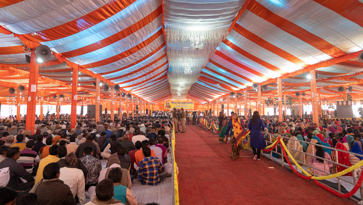 A view from the back of the covered area set up at the Youth Buddhist Society Ground on the final day of His Holiness the Dalai Lama's teaching in Sankisa, UP, India on December 5, 2018. Photo by Lobsang Tsering