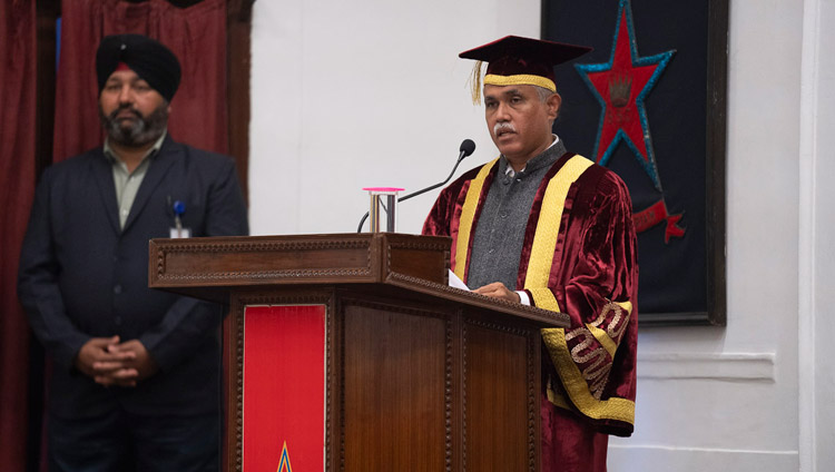 College Principal, Prof John Varghese, welcoming the audience and guests to the Founder’s Day celebrations at St Stephen's College in New Delhi, India on December 7, 2018. Photo by Lobsang Tsering