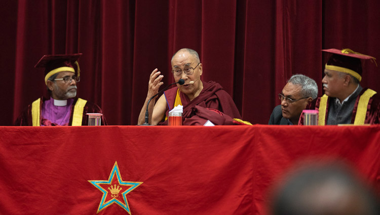 His Holiness the Dalai Lama addressing the gathering at the St Stephen's College Founder's Day celebration in New Delhi, India on December 7, 2018. Photo by Lobsang Tsering