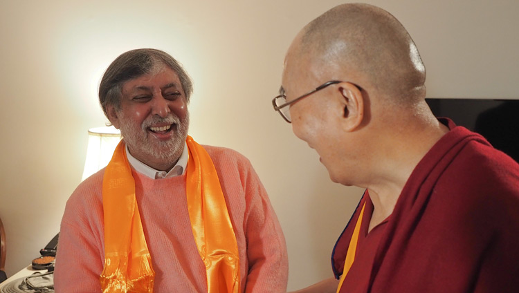 Award-winning film and documentary maker Ramesh Sharma and His Holiness the Dalai Lama after their interview in New Delhi, India on December 10, 2018. Photo by Jeremy Russell