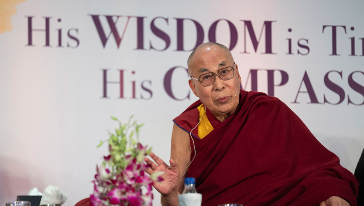 His Holiness the Dalai Lama addressing the gathering of 100 business leaders at the Maurya Sheraton Convention Hall in New Delhi, India on December 10, 2018. Photo by Tenzin Choejor