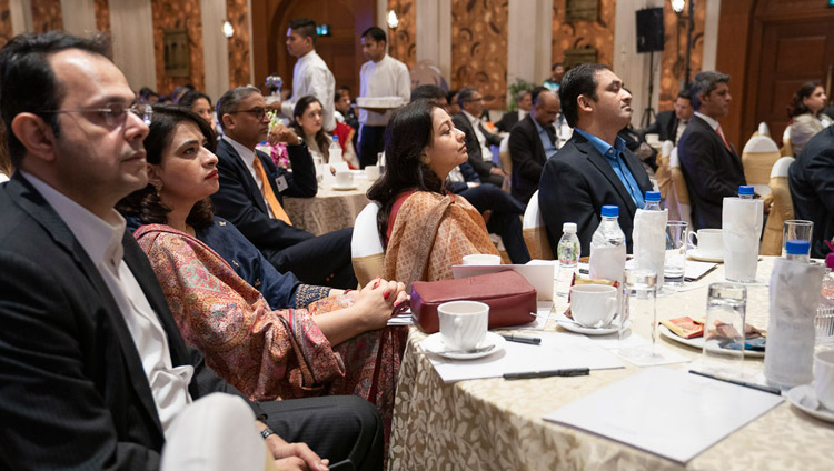 Some of the more than 100 business leaders listening to His Holiness the Dalai Lama answer questions from the audience during his address to the India Leadership Council in New Delhi, India on December 10, 2018. Photo by Tenzin Choejor